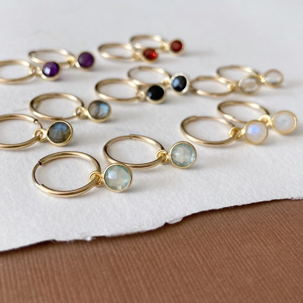 Gemstone gold hoop earrings, 14k gold filled sleeper hoops, faceted gemstone charm, convertible earring - simple dainty gold hoop earrings
