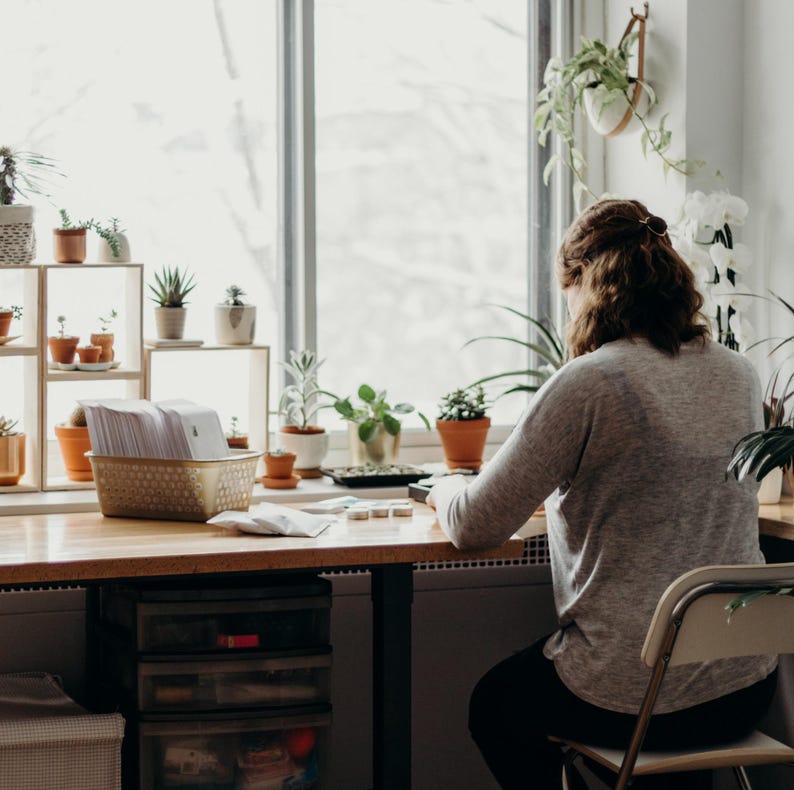 May include: A person sits at a desk in front of a window, working on a project. The desk is cluttered with plants, a basket of papers, and other supplies. The person is wearing a grey sweater and has their back to the camera.