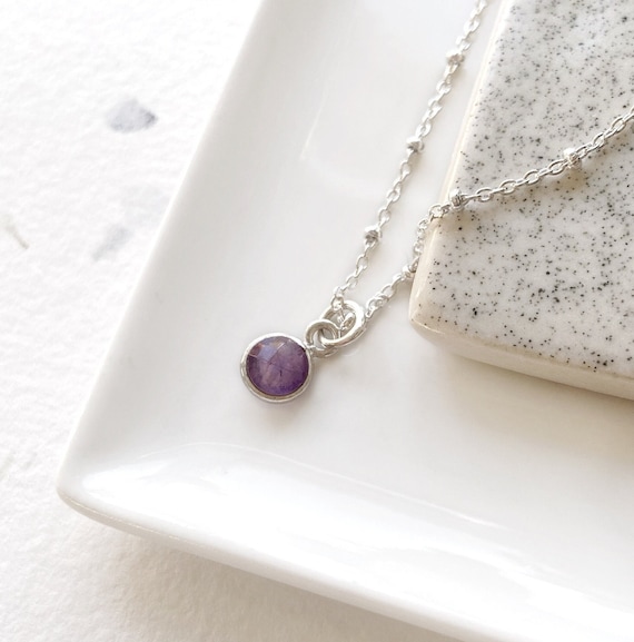 Amethyst necklace, tiny faceted gemstone pendant sterling silver satellite chain, purple February birthstone,  dainty silver chain