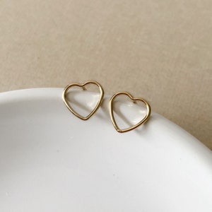 Gold hearts stud earrings, empty 14k gold filled heart, hollow heart, dainty stud earrings, minimalist modern gold earrings love image 2