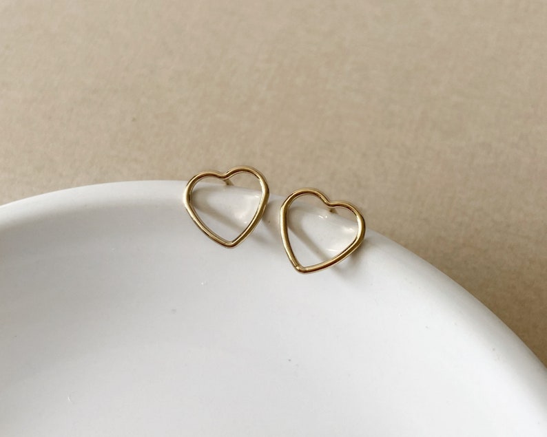 Gold hearts stud earrings, empty 14k gold filled heart, hollow heart, dainty stud earrings, minimalist modern gold earrings love image 2