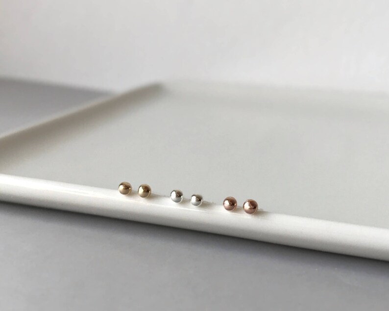 Tiny 14k solid gold dots studs with silver posts recycled gold Teeny yellow gold ball studs earring minimalist jewelry everyday wear image 3