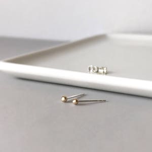 Tiny 14k solid gold dots studs with silver posts recycled gold Teeny yellow gold ball studs earring minimalist jewelry everyday wear image 2