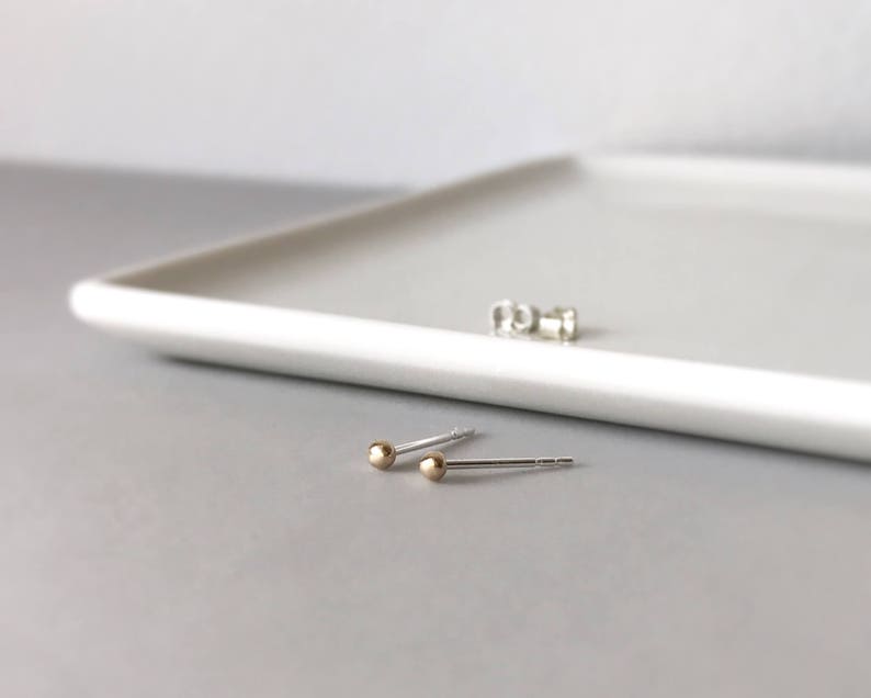 Tiny 14k solid gold dots studs with silver posts recycled gold Teeny yellow gold ball studs earring minimalist jewelry everyday wear image 2