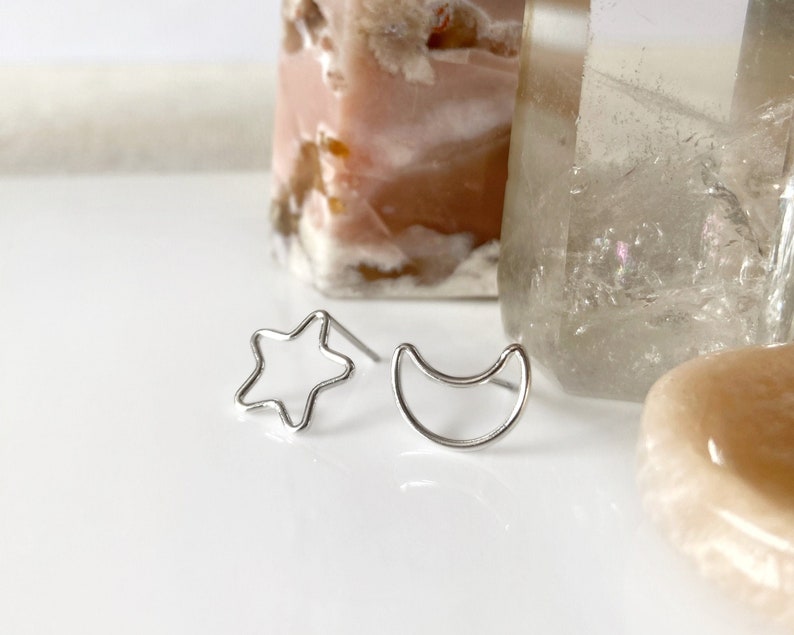 Silver moon and star stud earring, empty silver moon star, mix and match thin and dainty stud earrings, minimalist modern silver earring image 1