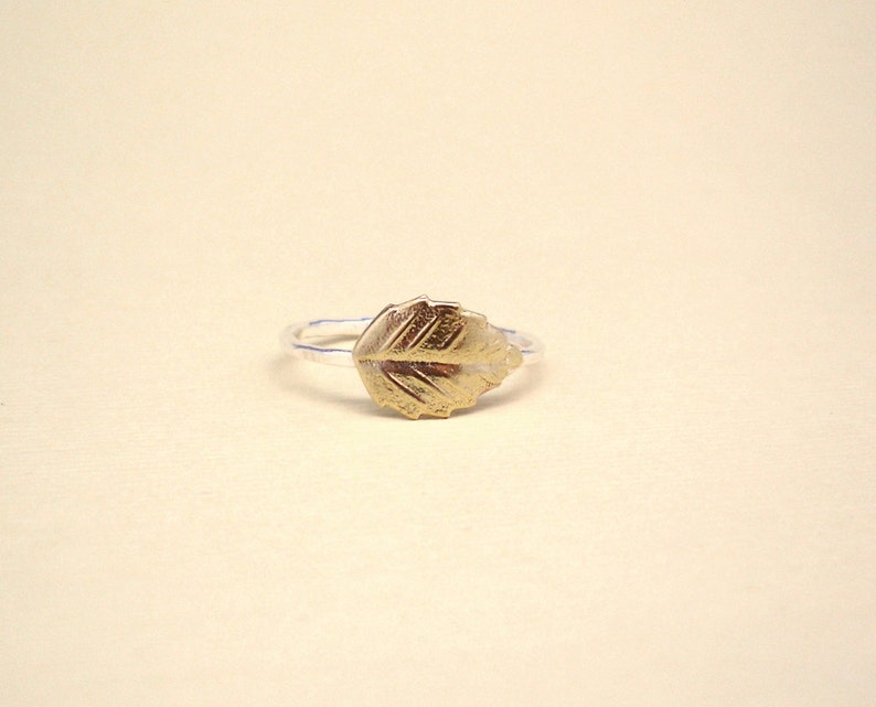 gold leaf Leaf ring skinny and dainty ring delicate silver 925 band sterling silver and tiny gold brass leaf ring stacking ring