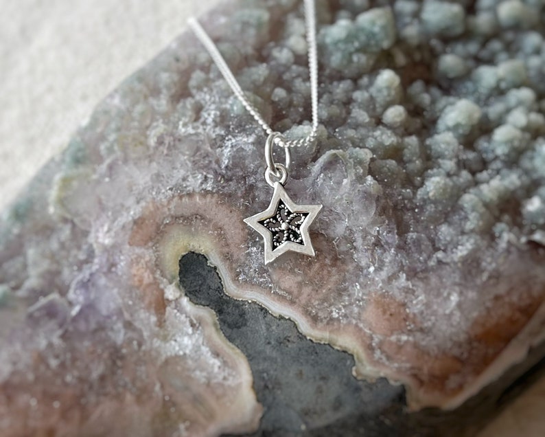 Silver star necklace, boho filigree sterling silver star pendant dainty chain, silver celestial necklace, astrological tarot celestial image 4