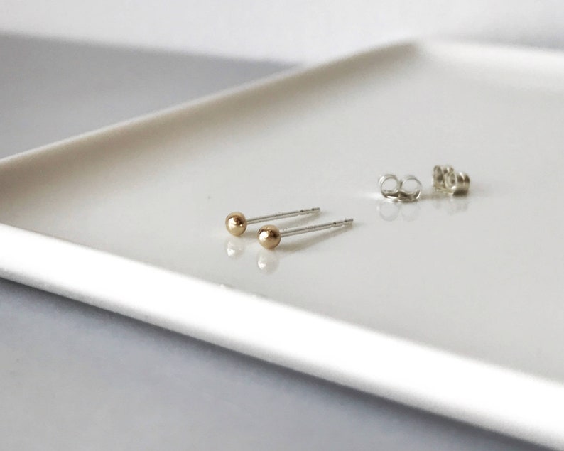 Tiny 14k solid gold dots studs with silver posts recycled gold Teeny yellow gold ball studs earring minimalist jewelry everyday wear image 1