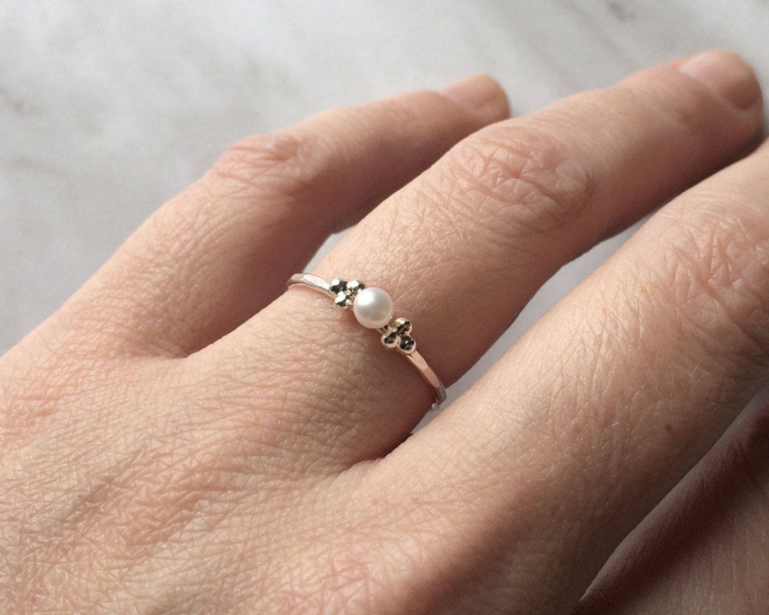 Pearl Ring With Dots - Tiny Pearl Ring With Trio of Silver