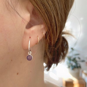 Gemstone hoop earrings, sterling silver charms endless sleeper hoops, tiny gemstone charm, convertible earrings, simple dainty hoop earrings image 5