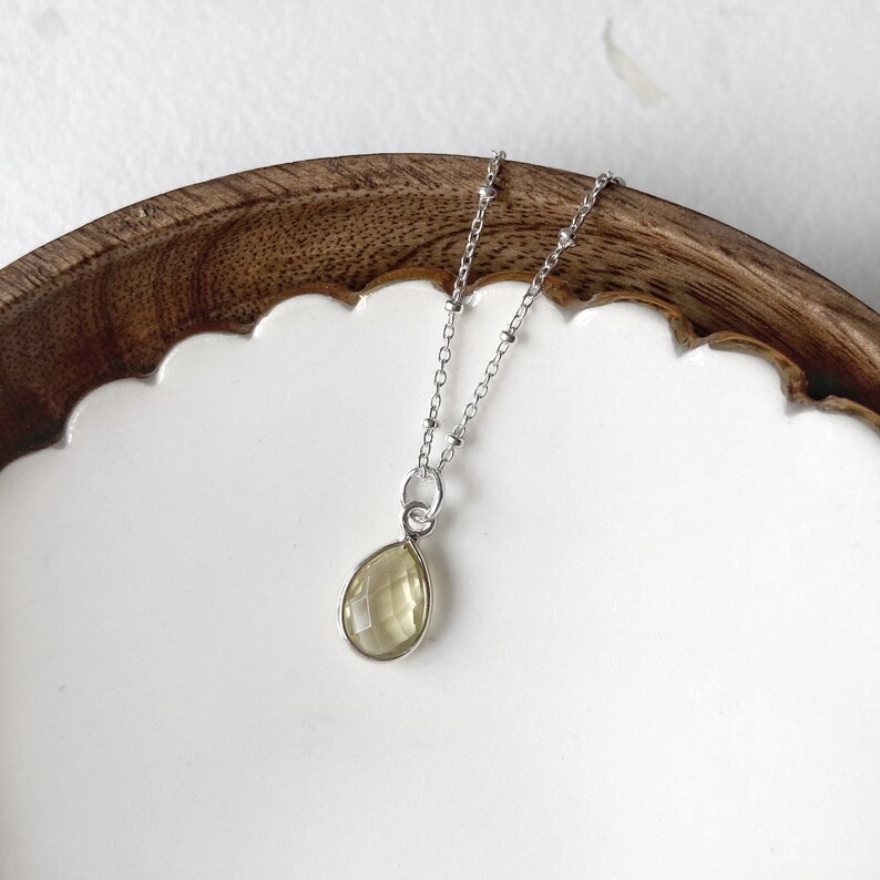 Lemon quartz necklace, small faceted teardrop gemstone pendant, sterling silver satellite chain, drop stone necklace, pear shaped stone image 1