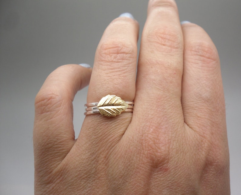 gold leaf Leaf ring skinny and dainty ring delicate silver 925 band sterling silver and tiny gold brass leaf ring stacking ring