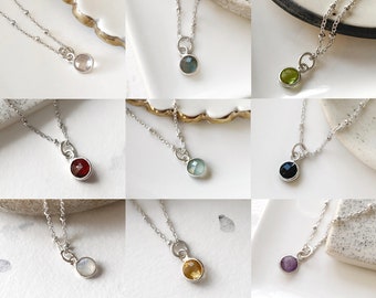 Gemstone necklace, sterling silver round faceted crystal pendant satellite or curb chain, birthstone charm, semi precious stone charms