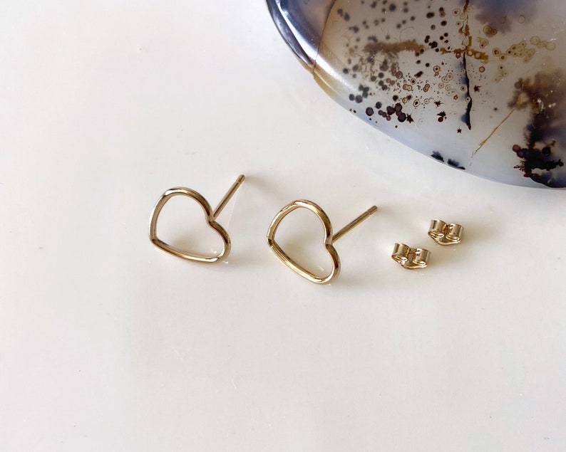 Gold hearts stud earrings, empty 14k gold filled heart, hollow heart, dainty stud earrings, minimalist modern gold earrings love image 4