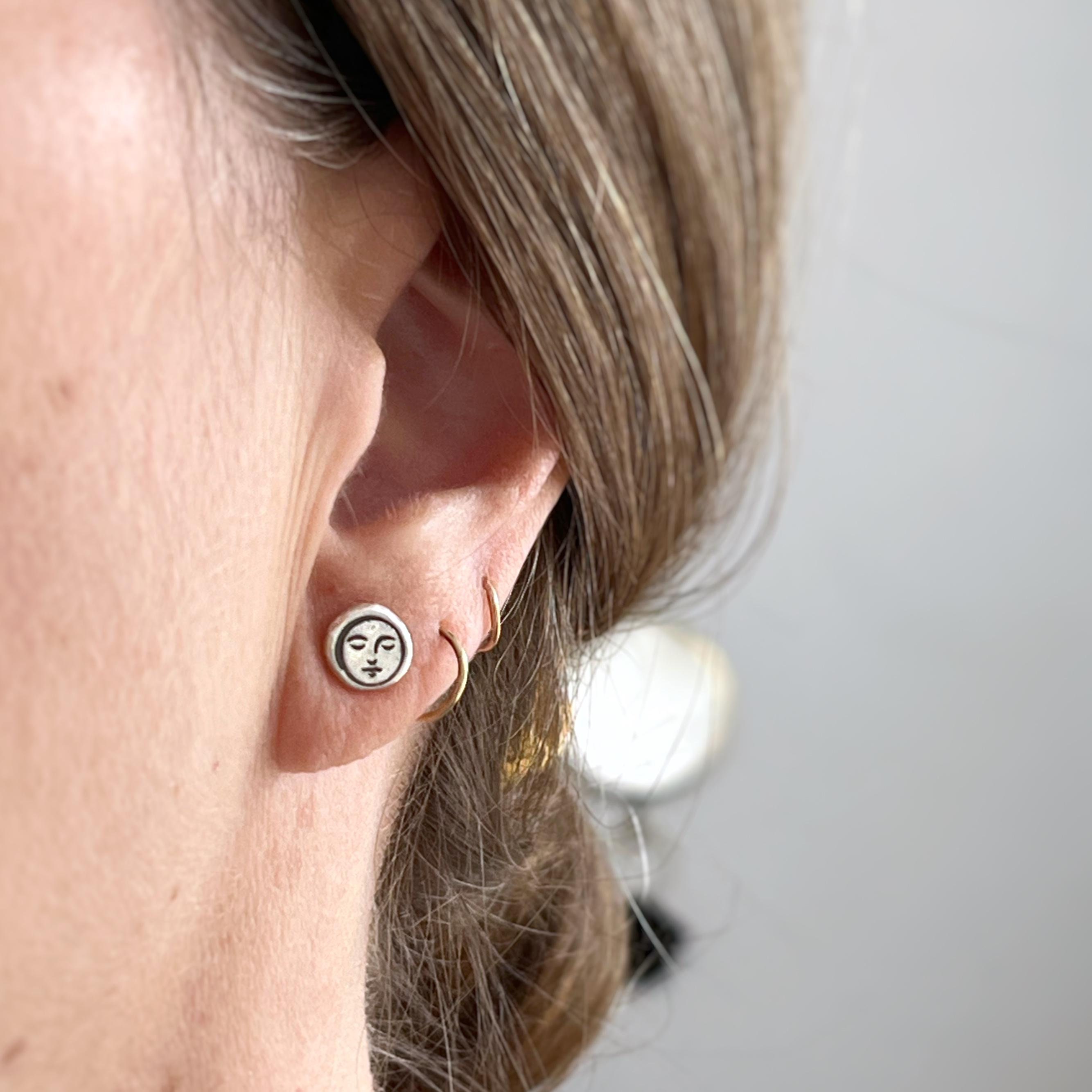 Full Moon Stud Earrings, Sterling Silver Smiling Moon Face