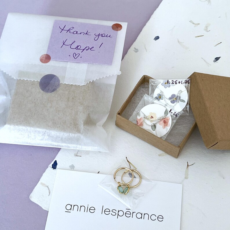 May include: A small, brown cardboard box with a white card inside. The card has a floral design and the text "1.25 + 1.45". The box is sitting on a white surface with a handwritten note that says "Thank you Hope!" and a heart.