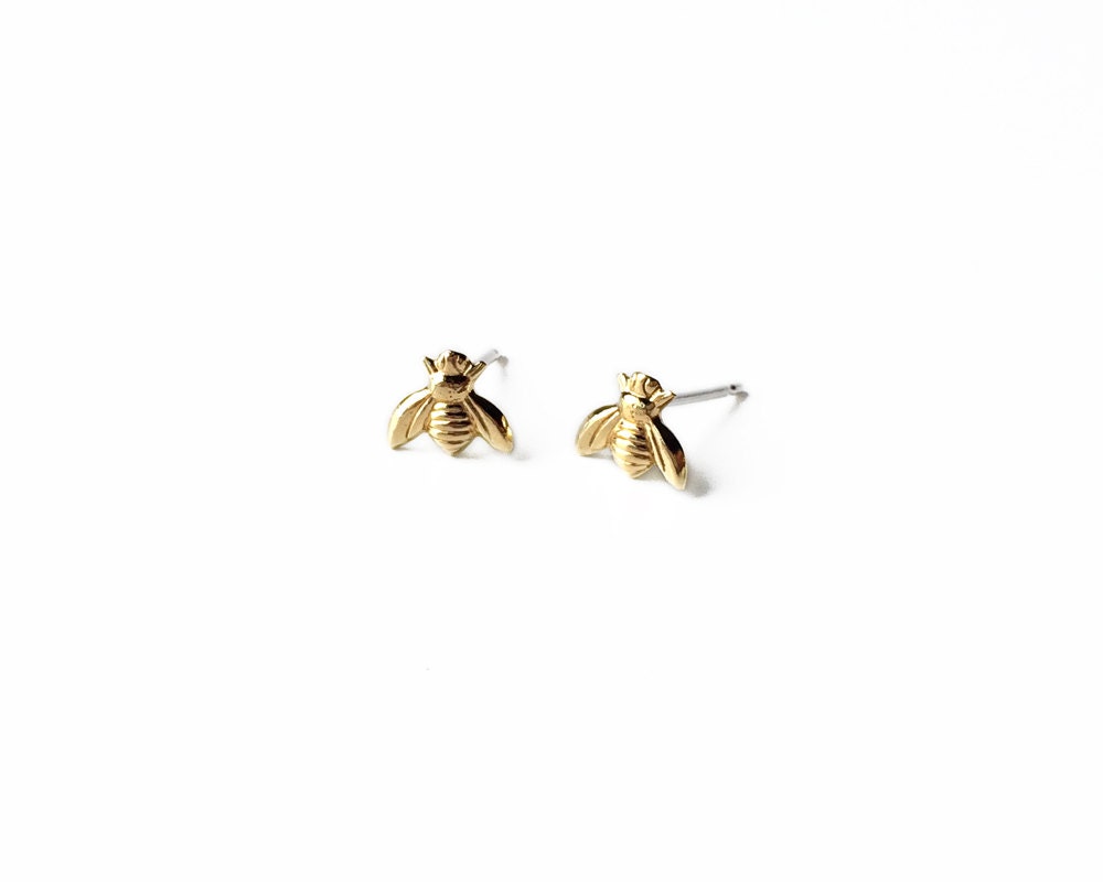 Bee earrings Tiny gold brass bee studs earrings with | Etsy