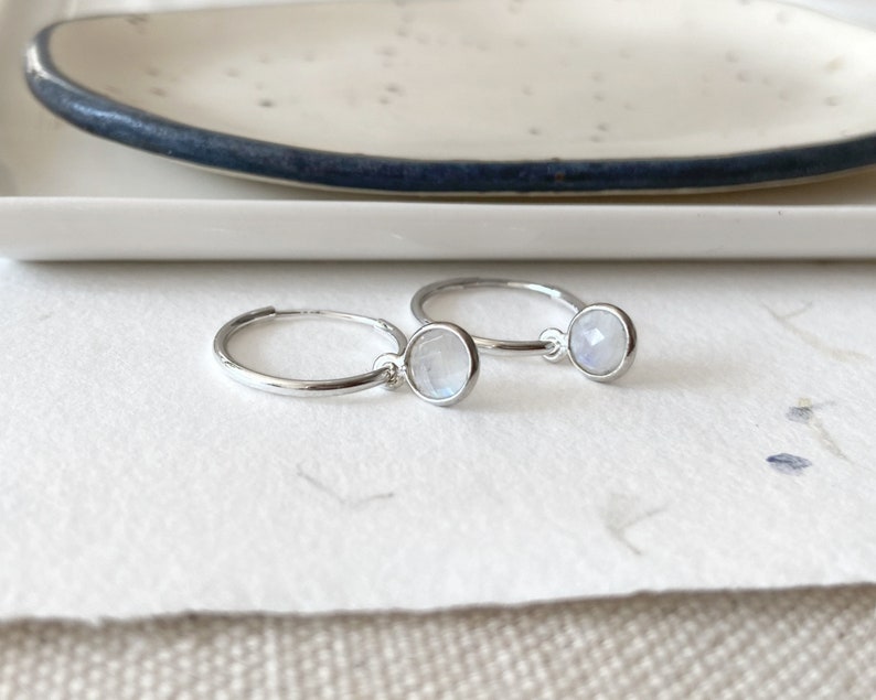 Gemstone hoop earrings, sterling silver charms endless sleeper hoops, tiny gemstone charm, convertible earrings, simple dainty hoop earrings image 8