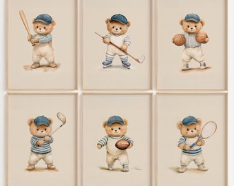 Teddy Bear Sports Prints, Set of 6, Nursery Decor (Digital Download)