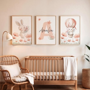 Set van 3 aangepaste paashaas kinderkamer kunst aan de muur aangepaste naam wilde bloemen kwekerij gepersonaliseerde pasgeboren naambord pasen kwekerij babyshower cadeau