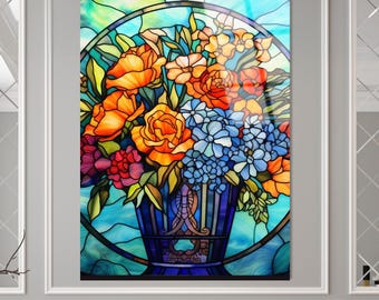 Floral Tempered Glass Wall Art: Stained Glass Style, Modern Home Decor