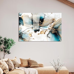 Tempered Glass Wall Art, Abstract Blue Stones Wall Art, Extra Large Wall Decor, Flowers Glass Painting