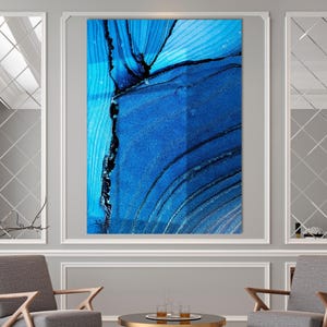 Décoration murale abstraite en verre trempé bleu : décoration de salon moderne