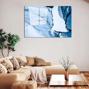 Tempered Glass Wall Art: Abstract Blue Stones, Modern Living Room Decor