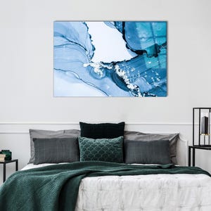 Décoration murale océan en verre trempé : décoration abstraite vague bleue