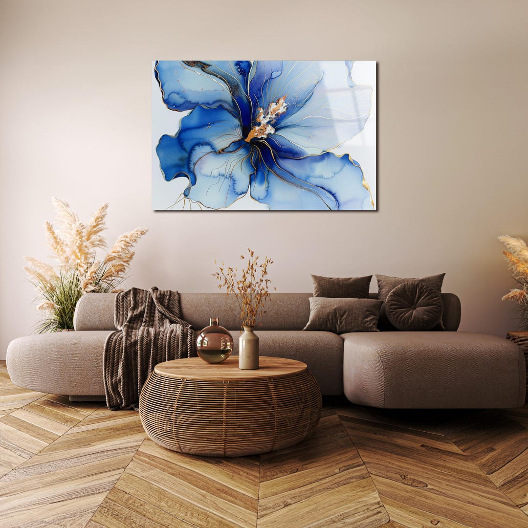 Blue Flower Tempered Glass Wall Art: Abstract Floral Decor - Etsy