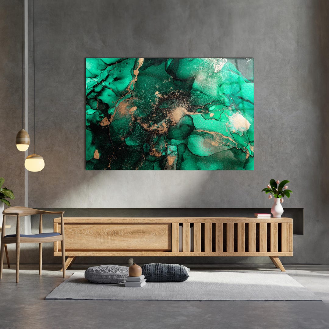 Emerald Green Abstract Wall Art: Gold Marble Tempered Glass Decor - Etsy