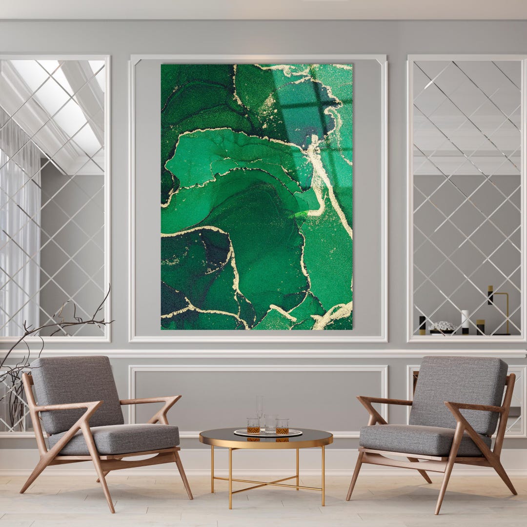 Emerald Green Marble Tempered Glass Wall Art: Abstract Gold Design - Etsy