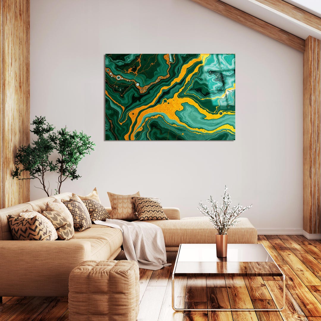 Tempered Glass Wall Art: Emerald Green & Gold Marble Design - Etsy