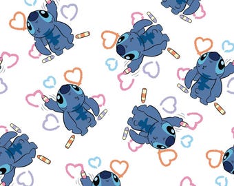 May include: A repeating pattern of blue Stitch characters drawing hearts in various colors on a white background. The hearts are in pink, orange, purple, and blue.