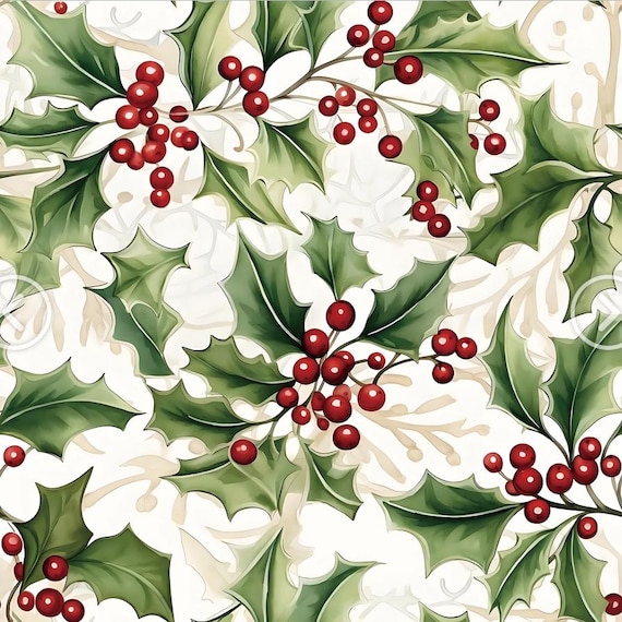 Holly Christmas Florals Fabric Holly Leaves Berries Fabric Holly Christmas Fabric 100% Cotton Fabric Quilting Fabric By The Half Yard