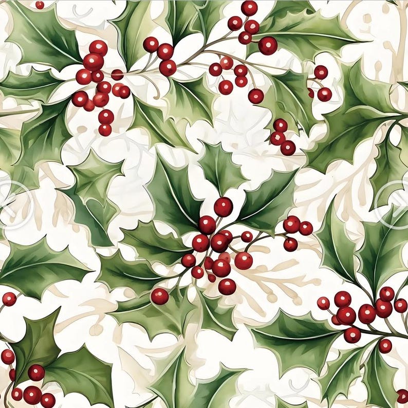 May include: A seamless pattern featuring green holly leaves and bright red berries on a white background. The design has a watercolor effect, with soft shading and delicate details. The holly branches are arranged in a repeating pattern.