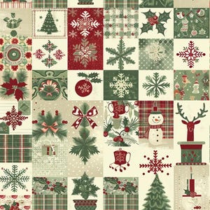 May include: A patchwork fabric pattern featuring a grid of rectangular blocks with Christmas motifs including red and green snowflakes, pine trees, holly leaves, a snowman, a reindeer head, plaid textures, and decorative bows on a cream background.