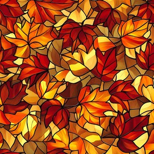 Op de afbeelding: Een glas-in-loodpatroon met een dichte rangschikking van overlappende herfstbladeren in levendige tinten rood, oranje en geel. Het ontwerp bestaat uit individuele bladvormen die zijn omlijnd met donkere lijnen voor een mozaïekeffect.