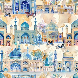 May include: A repeating pattern featuring watercolor-style illustrations of blue-domed mosques and architectural structures with intricate arches. The design includes horse-drawn carriages and soft, abstract tan and orange watercolor washes.