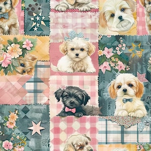 May include: A fabric pattern featuring a collage of puppies, pink gingham squares, and floral motifs. The design includes light-colored puppies with bows or bow ties, a dark puppy with a pink bow tie, and scattered star shapes in shades of pink and teal.