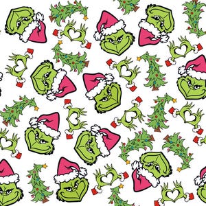 Tela navideña del Grinch Tela de dibujos animados del Grinch Tela de árboles de Navidad gruñones Tela de dibujos animados de anime Tela de algodón por media yarda