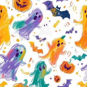 May include: A repeating pattern on a white background featuring hand-drawn style illustrations of orange jack-o'-lanterns, purple and teal ghosts, and dark blue and orange bats, accented with small yellow and orange dots and dashes.