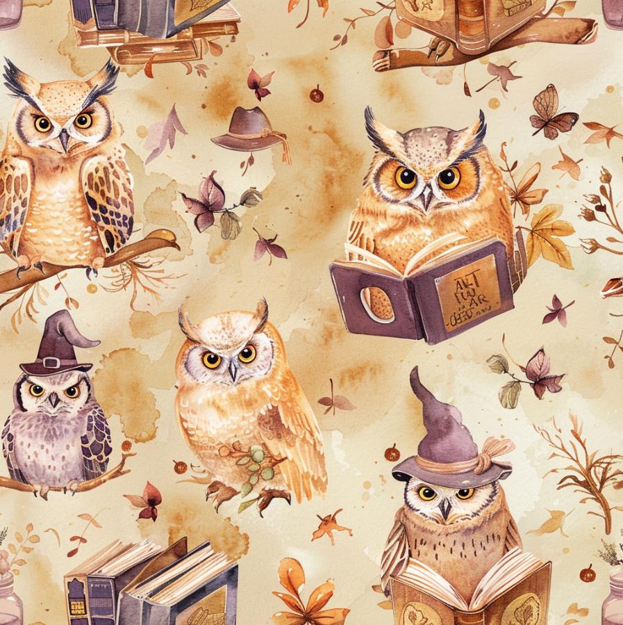 Fall Owl Book Wizard Hat Maple Leaf Fabric Woodland Halloween Seasonal Botanical Fabric, fabric by h