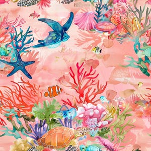 Sea Turtle Fabric Coral Reef Fabric Clownfish Fabric Watercolor Undersea Fabric Starfish Fabric Cotton Fabric By The Half Yard