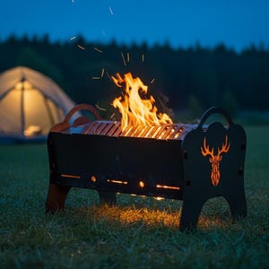 Brasero portátil de acero con diseño de ciervo – Parrilla de barbacoa para exteriores cortada con láser, estufa de leña desmontable.