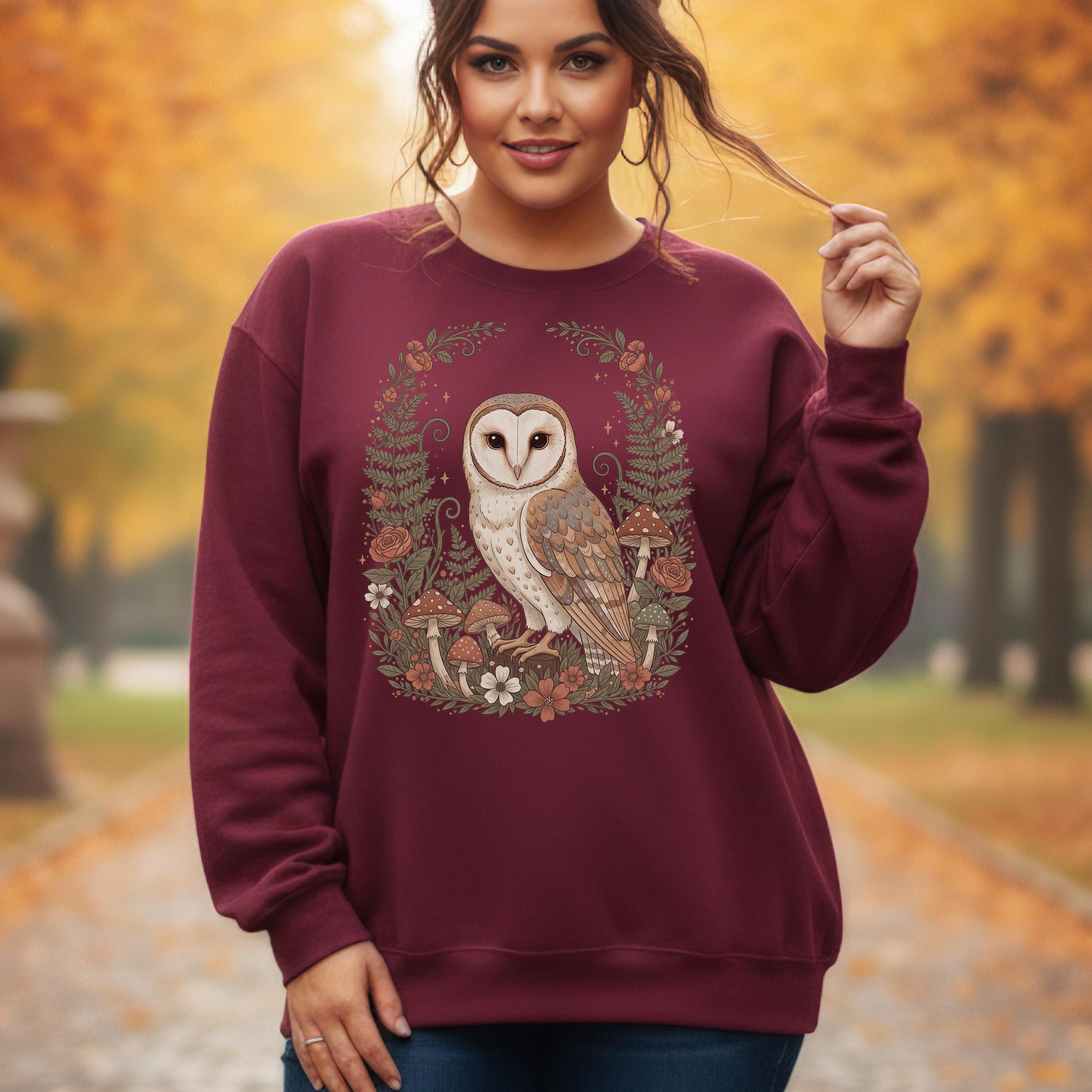 Enchanted Owl Forestcore Sweatshirt with Mushrooms | Cozy Cottagecore Botanical Aesthetic