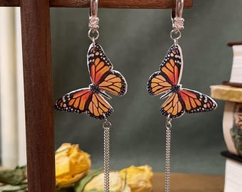 Monarch Butterfly Dangle Earrings Polymer Clay Epoxy, Lightweight Nature Jewelry, Rhodium Hypoallergenic Gift for Her, Cottage Core, Botanic