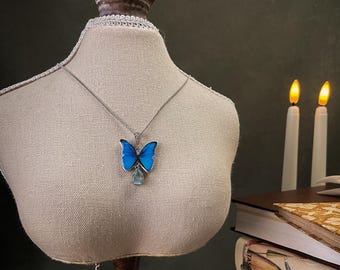 Blue Butterfly Pendant Necklace – Handmade Polymer Clay and Epoxy Jewelry with Crystal Drop, Nature-Inspired Gift for Her, Fairycore Jewelry