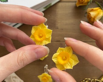 Daffodil Flower Earrings: Handmade Polymer Clay Dangles, Sterling Silver
