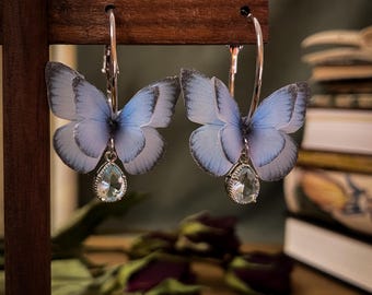 Blue Butterfly Hoop Earrings: Crystal & Polymer Clay Wings